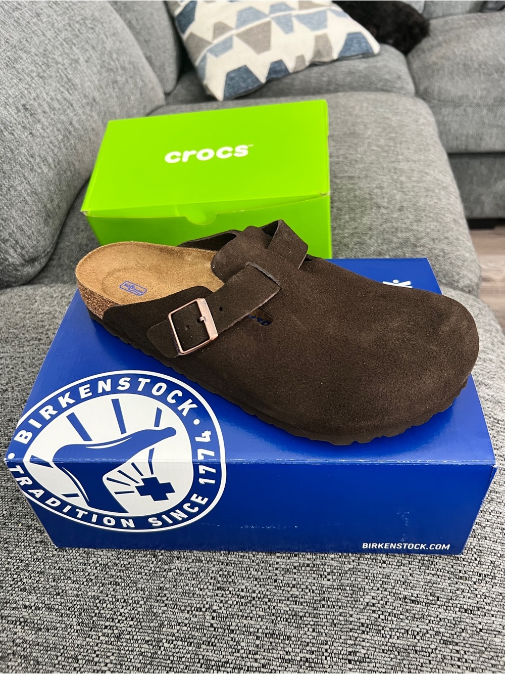 Birkenstock Men's Boston Suede Clog in Dark Brown with Rose-Tone Buckle